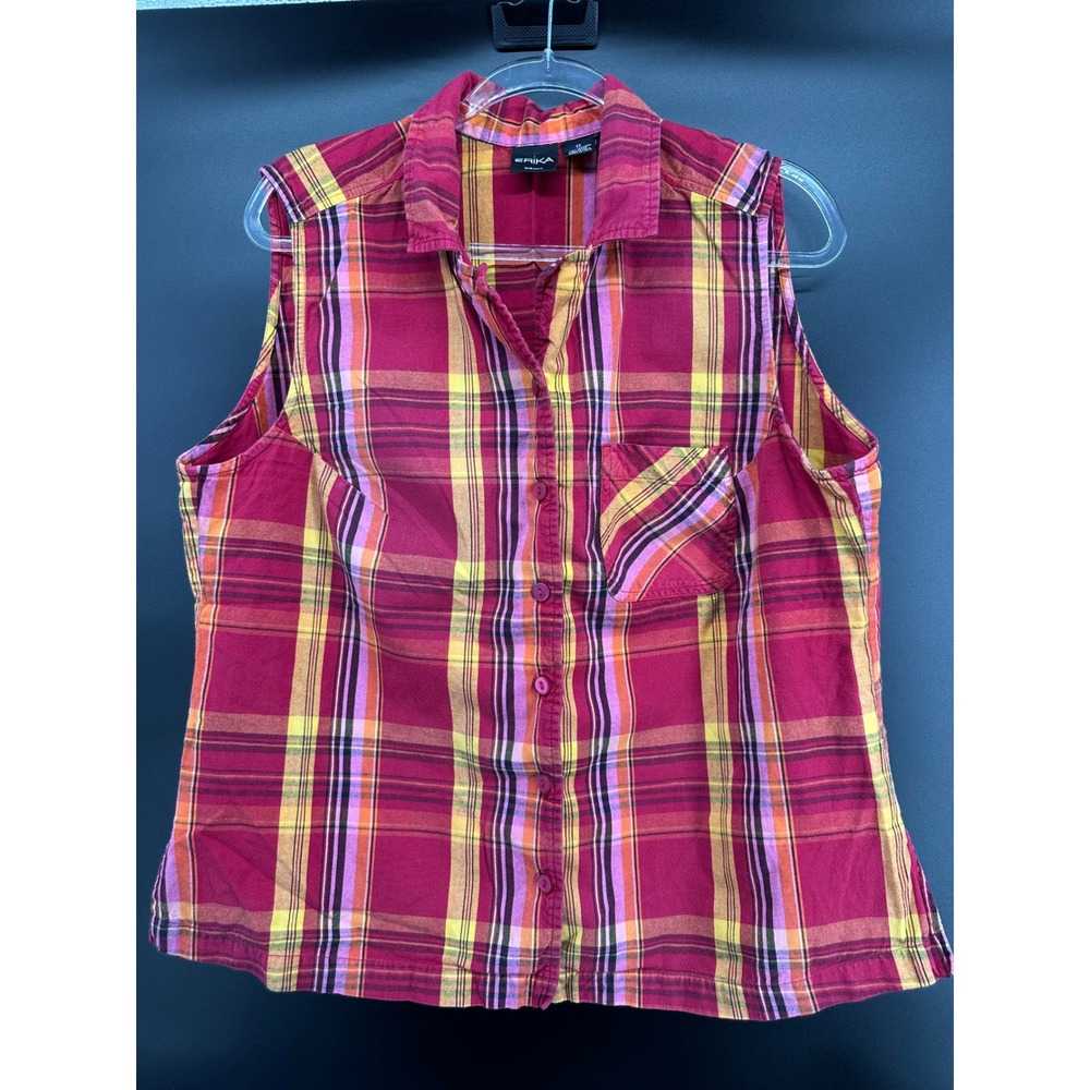 Erika Woman Plaid Sleeveless Button Front Shirt Top‎ 1X | 100% Cotton